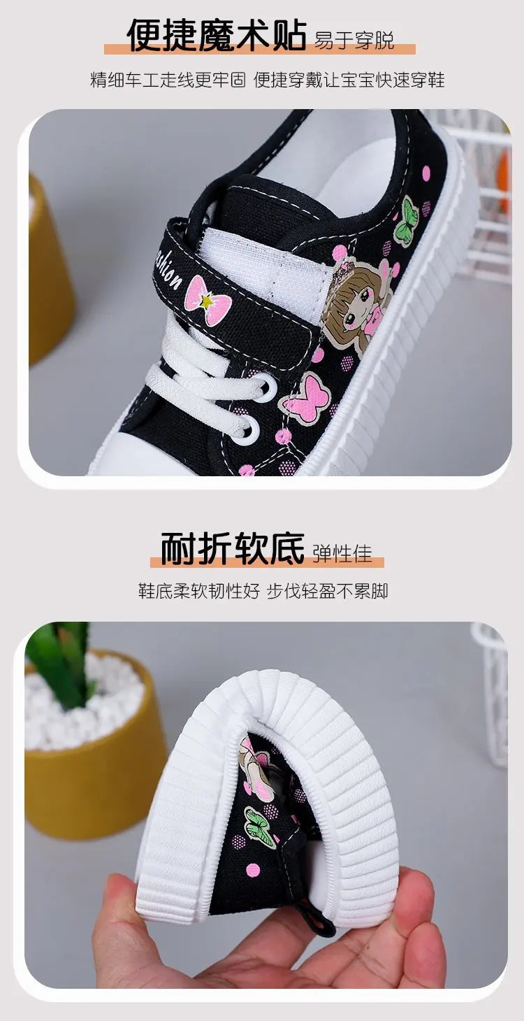 Children's Cute Cartoon Canvas Shoes Girls' Flat Bottomed Casual Sports Shoes Students Lightweight Running Board Shoes Sneakers