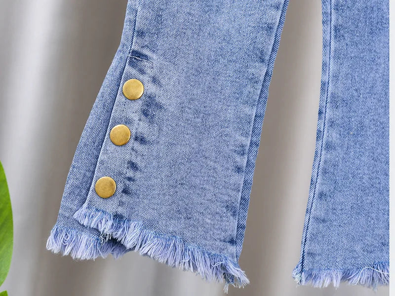 2024 New Spring and Autumn Children's Jeans Fashion Girls Korean Bow Horn Jeans Infant Stretch Pants 0-5 Years Old