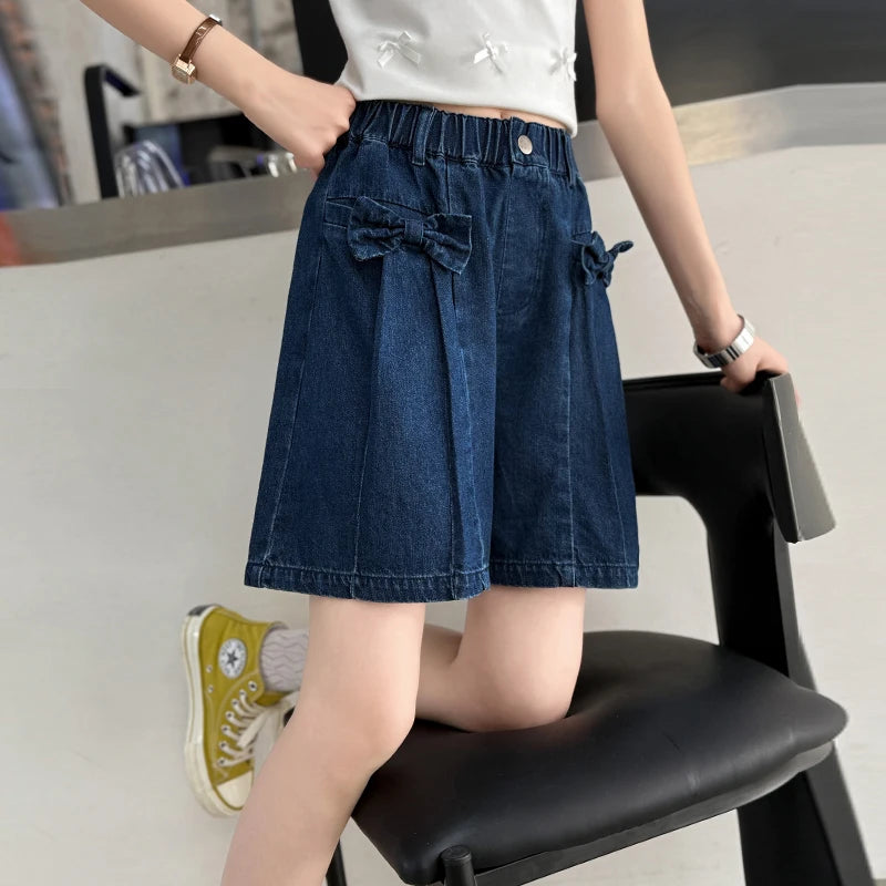 Girls' summer versatile Hanjing color bow shorts 2025 new summer thin fashion jeans casual sports shorts 5-15 years old