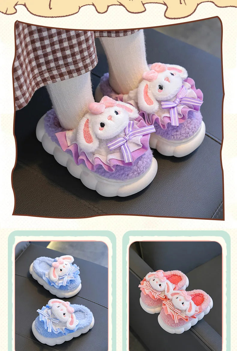 2024 New Winter Children's Cotton Slippers - Cute and Warm Fleece Rabbit Fur Baby's Home Cotton Slippers for Girls