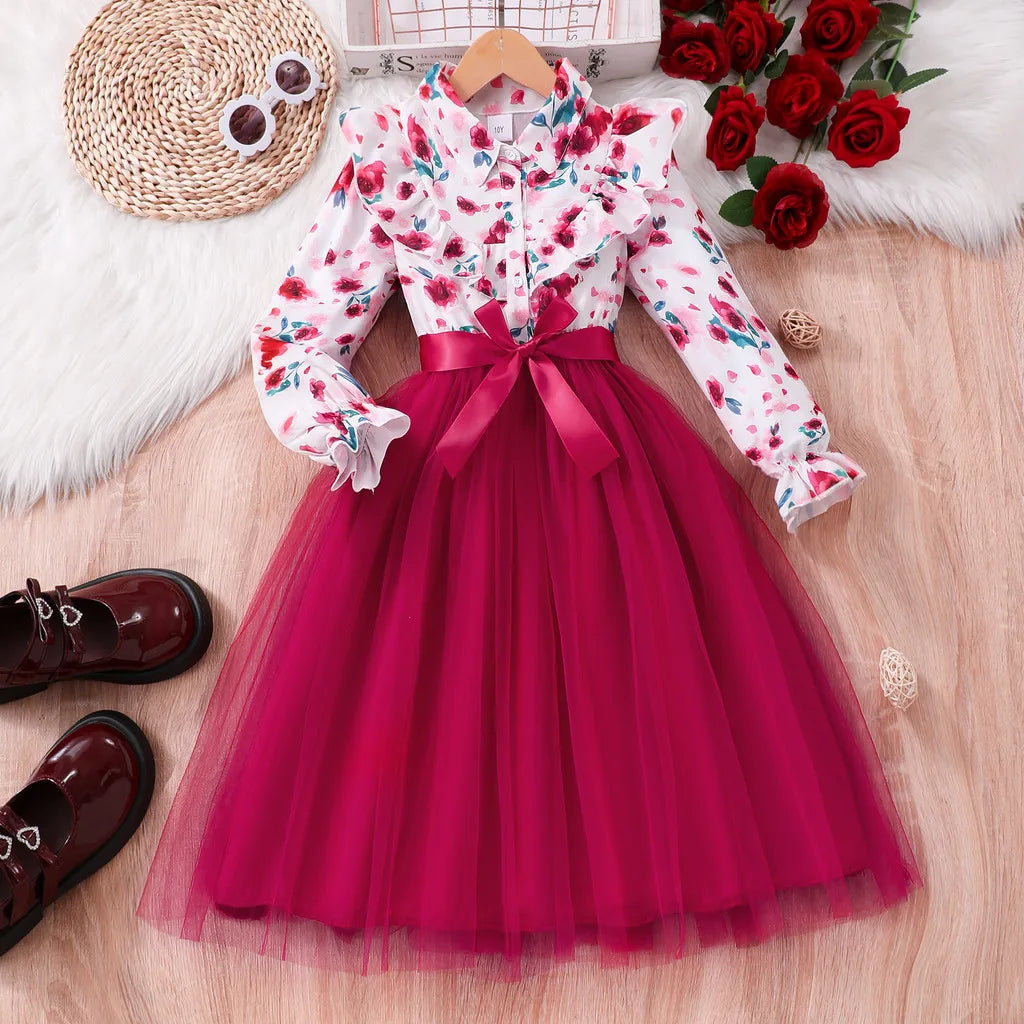 Kids Girls Dress Summer Long Sleeve Floral Gauze Belt Children Dress Casual Sweet Elegant Teen Princess Dress 7 8 9 10 11 12 Yrs