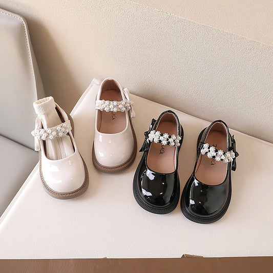 NEW Kids Shoes Princess Girls School Shoe Beige Black Children Leather Party Dress Flat Little Girl Shoes Casual