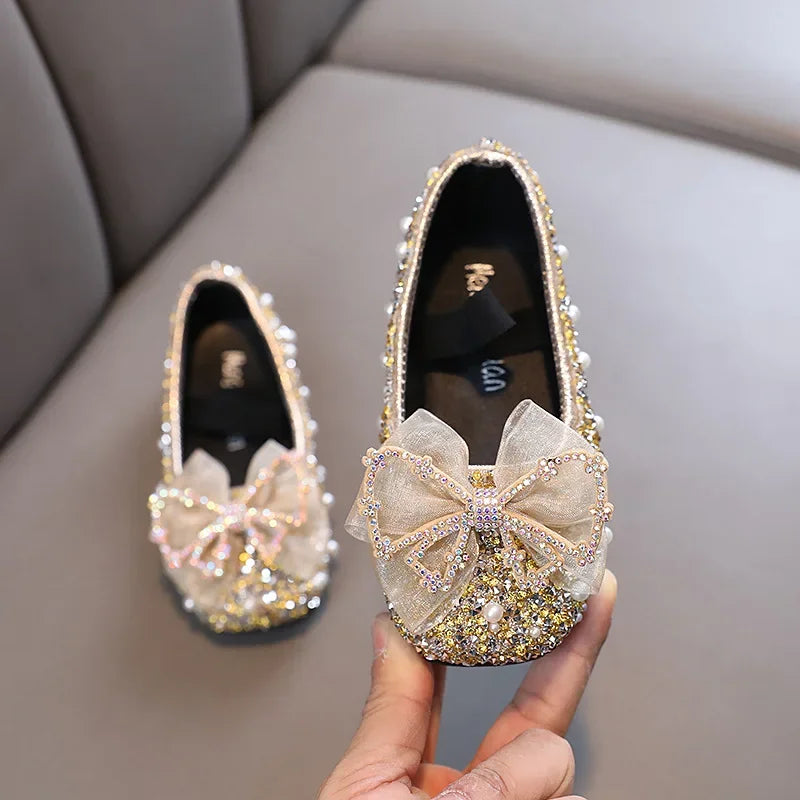 Spring Children's Lace Bow Princess Shoes Girls Bling Sequins Leather Shoes Anti-slippery New Kids Beaded Wedding Shoes G06142