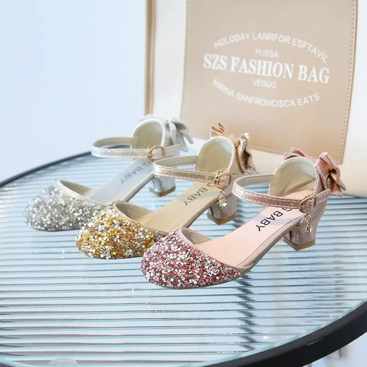 Girl Leather Shoe 2024 New Fashion Princess Shoe Crystal High Heels Student Performance Dance Shoe Sweet Kids Shoes Zapatos Niña