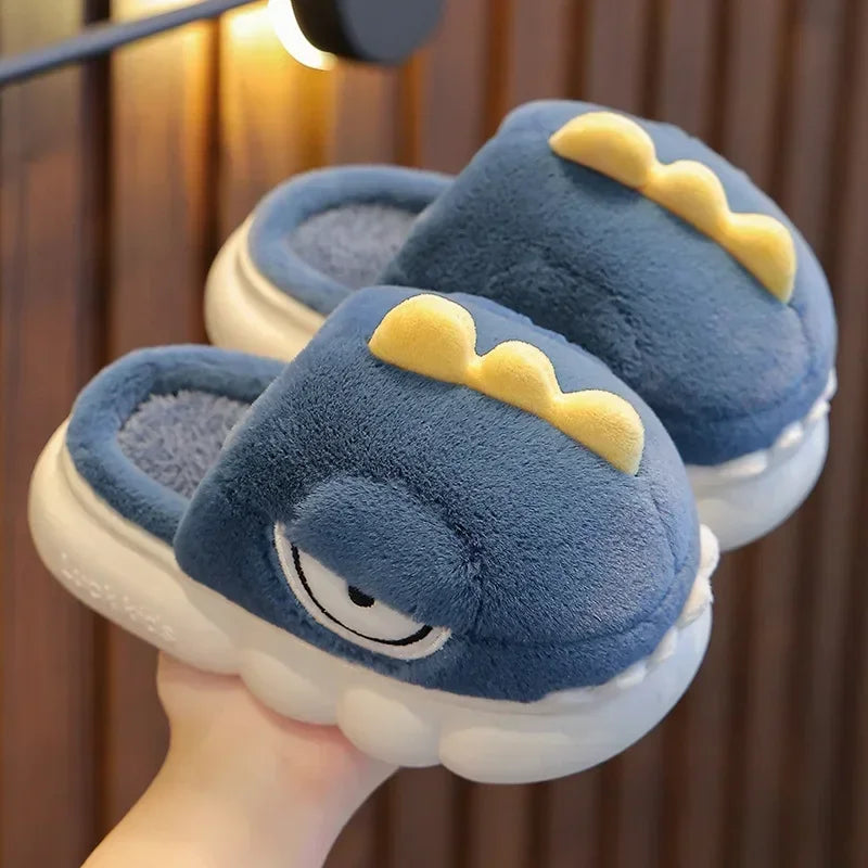 Cute Cartoon Dinosaur Children Plush Slippers Soft Sole Non-slip Winter Warm Baby Boys Girls Indoor Home Heel Wrap Cotton Shoes