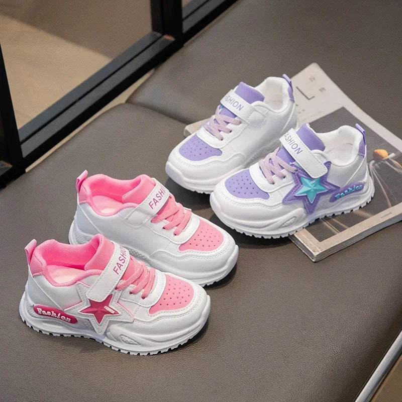 Girls Sports Shoes Princess Style Sweet Stars Kids Sneakers Thick Soft Sole 2025 New Fashion Children Running Shoes Hook&loop