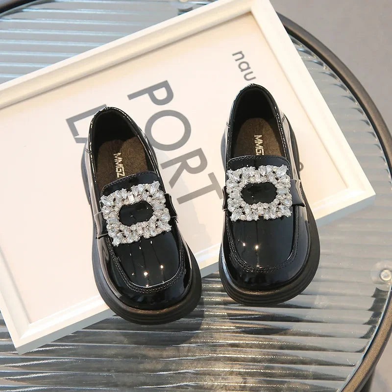 Girls Square Rhinestone Loafers Patent Leather Slip-on Shoes for Children British Black Loafers Platform Oxford Shoes Kids Flats