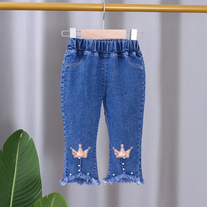 2024 New Spring and Autumn Children's Jeans Fashion Girls Korean Bow Horn Jeans Infant Stretch Pants 0-5 Years Old