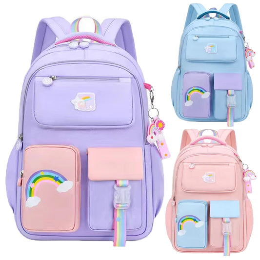 Premium Girls' School Backpack – Macaron Color-Block Design with Rainbow Zipper, Large Capacity Bag for Kids and Teens