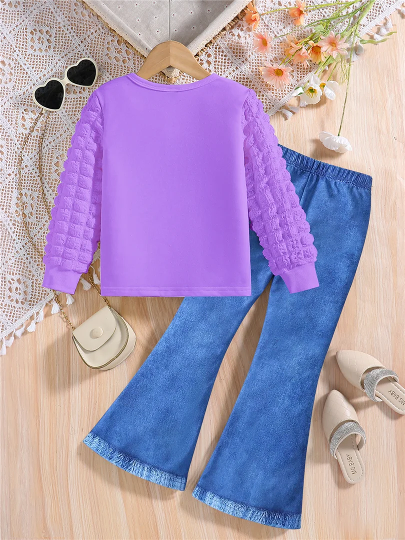 Girls' Two-Piece Spring/Autumn Outfit – White Round Neck Long Sleeve Top with Cartoon Print and Solid Color Slim-Fit Pants