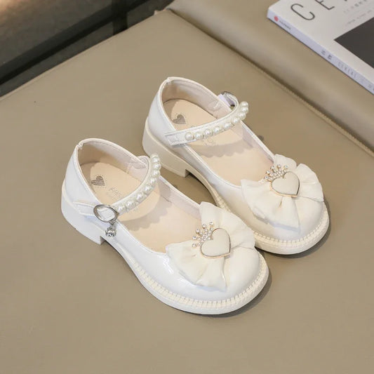 Girl Leather Shoes Mary Jane for Wedding Party Children Fashion Sweet Crown Bowknot Single Shoes Elegant Kid Princess Flat Shoes