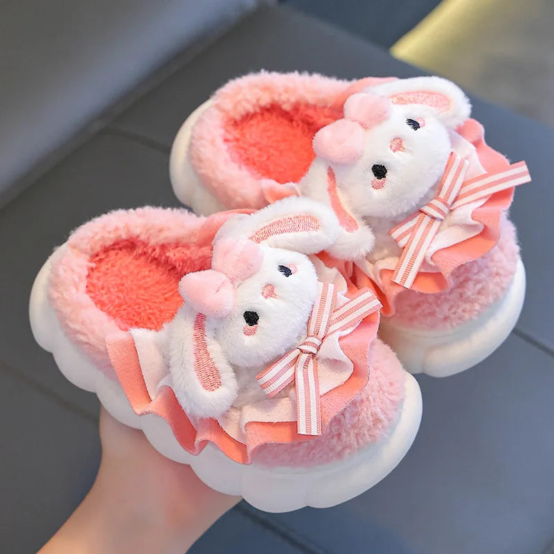 2024 New Winter Children's Cotton Slippers - Cute and Warm Fleece Rabbit Fur Baby's Home Cotton Slippers for Girls