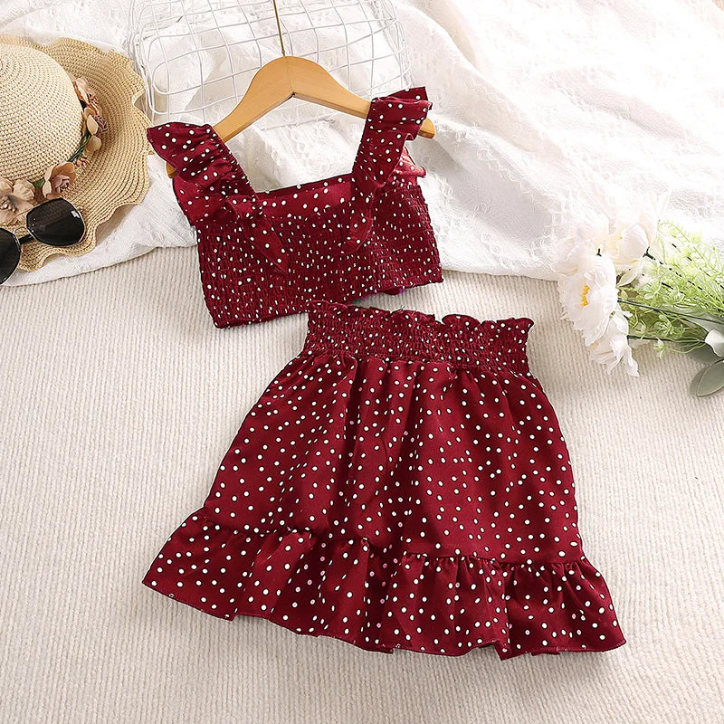Girls' Clothing Set 5-12T Tri-Color Optional Flying Sleeve Square Collar Vest Top + Lace Skirts  Children Girls Baby Clothes Set