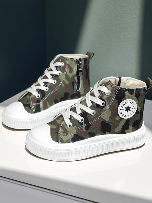Boys camouflage canvas shoes breathable and comfortable girls casual sneakers spring, summer, autumn and winter four seasons zip