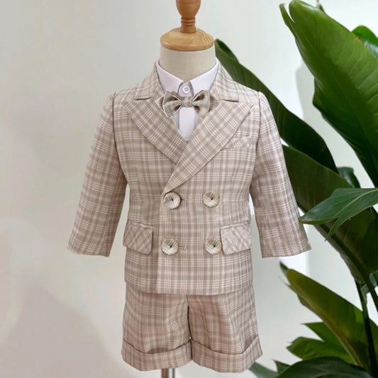 Baby Photograph Boys Suit Children Clothes Set Spring Khaki Lattice Birthday Dress Kids costume Tuxedo Coat+Shorts With Strap