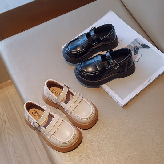 Autumn Shoes Girls Soft Pu Leather Black Biege Concise Style Kids Flat Shoe Hook-loop 23-36 Trendy Flexiable Children Mary Janes