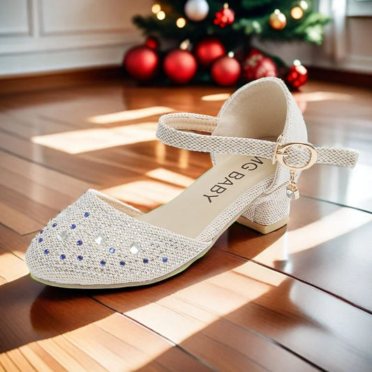 Girls Leather Shoes Pink New with Heel Rhinestone Girls Princess Single Shoes 4-12 Years Old Fashion Non-slip Children's Sandals