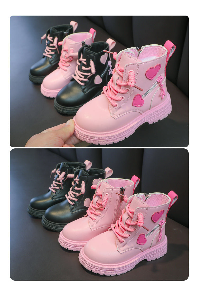 Girls' Fashion Rubber Boots – Autumn/Winter PU Round-Toe Boots with Soft Cotton Lining, Side Zip, and Heart Detail in Pink