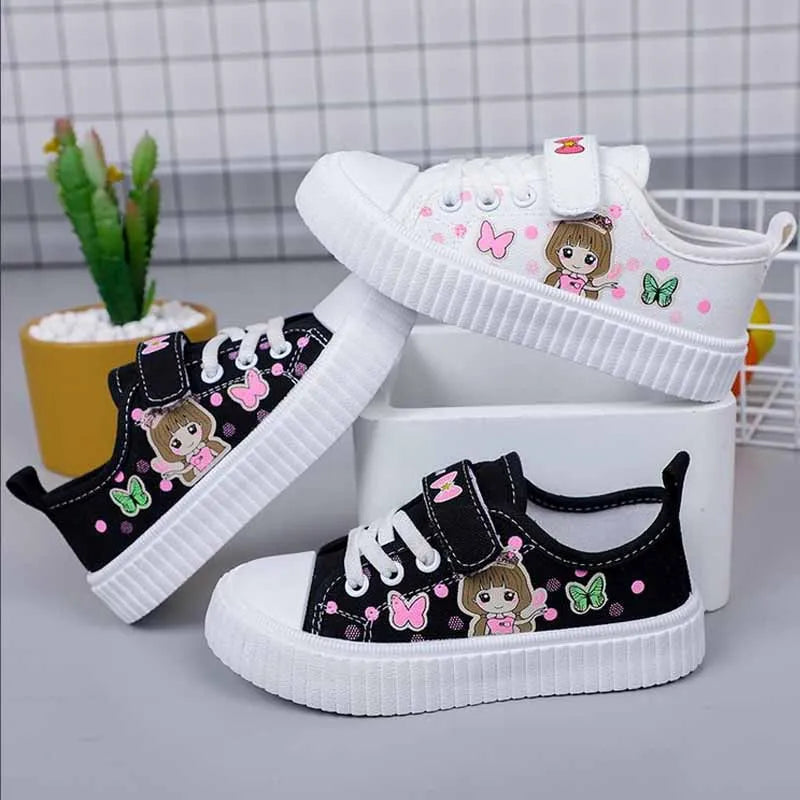 Children's Cute Cartoon Canvas Shoes Girls' Flat Bottomed Casual Sports Shoes Students Lightweight Running Board Shoes Sneakers
