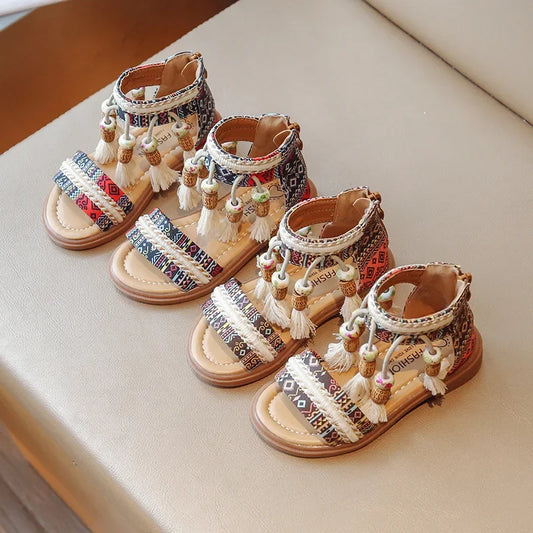 Bohemian Fringe Sandals for Girls Retro Ethnic Style Summer Shoes Geometric Yarn Dyed Pattern Ancient Tradition Shoe Kids G04071