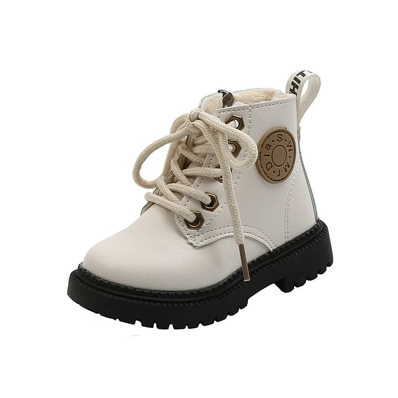 Autumn/Winter Kids' Leather Boots – Warm Plush, Waterproof, Non-Slip Fashion Boots for Boys and Girls (Sizes 21–30)