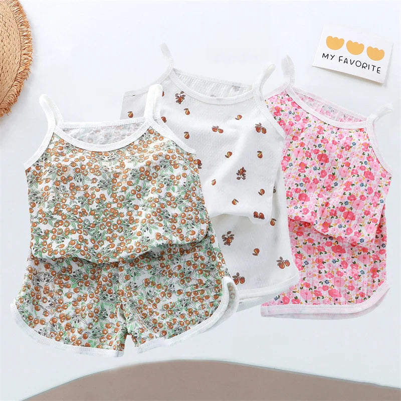 Baby Clothes Sets Summer Toddler Girl Strap Suits Cotton Printing Baby Boy Tops Tee and Shorts Infant Tracksuit Newborn Sets