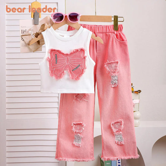 Bear Leader 2025 Summer 4-6 Year Old Streetwear Girls' Sets Sleeveless Butterfly Vest+Pink Cowboy Piercing Patch Pants 2-Pcs Set
