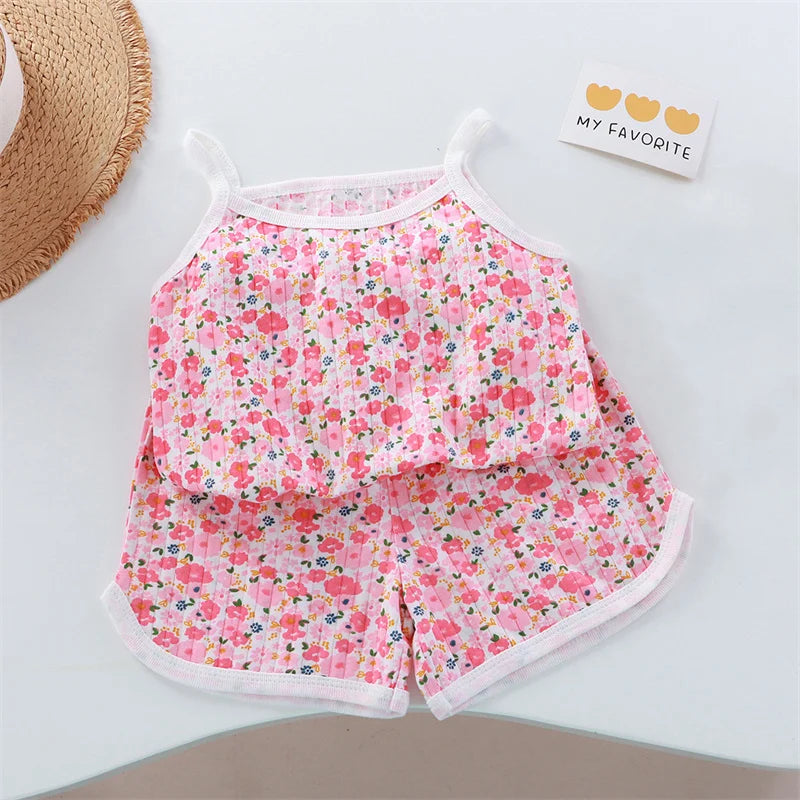 Baby Clothes Sets Summer Toddler Girl Strap Suits Cotton Printing Baby Boy Tops Tee and Shorts Infant Tracksuit Newborn Sets