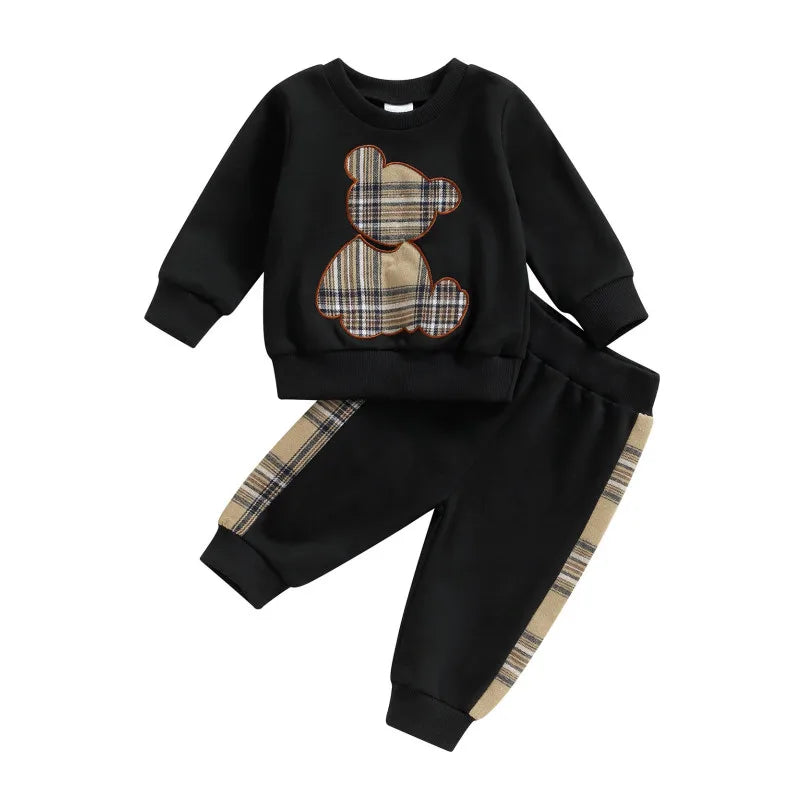 0-24M Baby Girls Autumn Clothes Newborn Toddler Long Sleeve Plaid Bear Pattern Tops Sweatshirt Pants Outfits Tracksuits