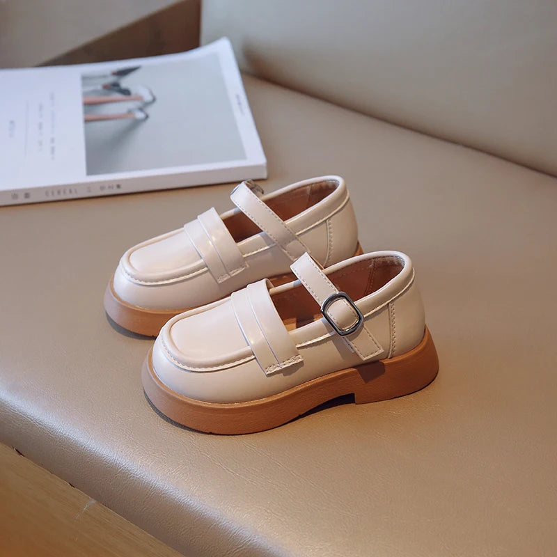 Autumn Shoes Girls Soft Pu Leather Black Biege Concise Style Kids Flat Shoe Hook-loop 23-36 Trendy Flexiable Children Mary Janes