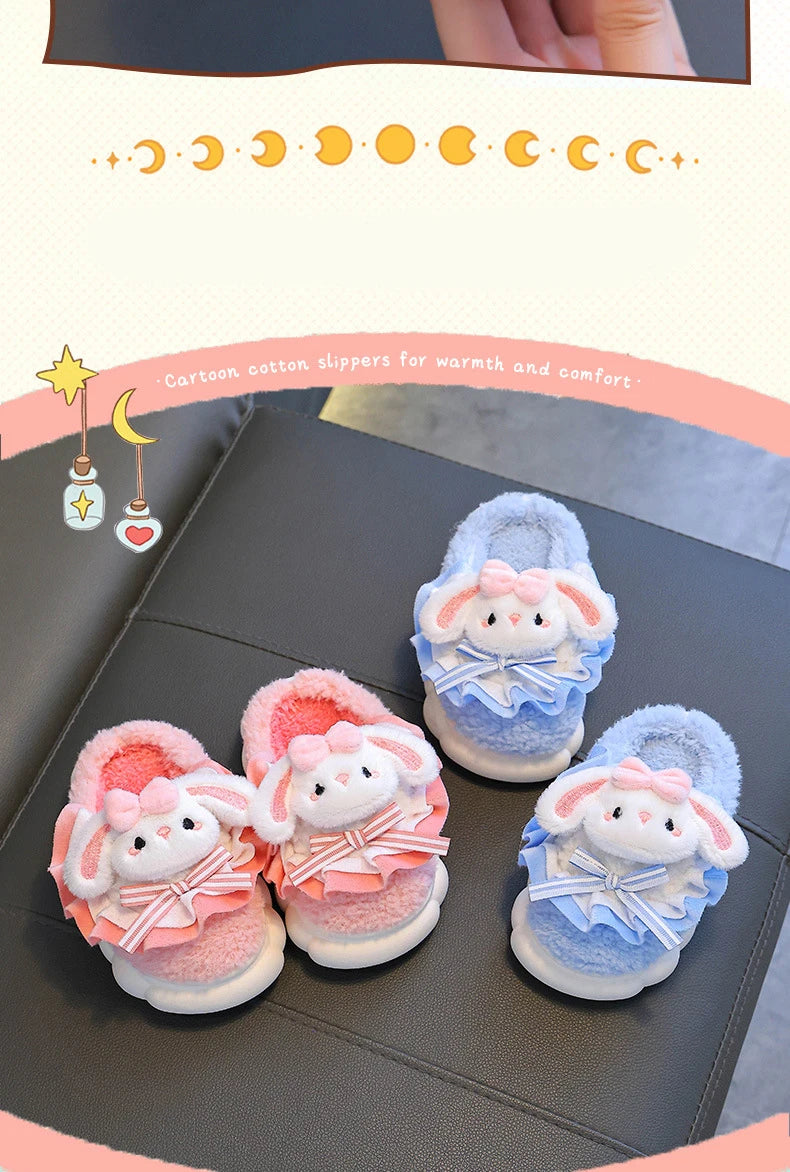 2024 New Winter Children's Cotton Slippers - Cute and Warm Fleece Rabbit Fur Baby's Home Cotton Slippers for Girls