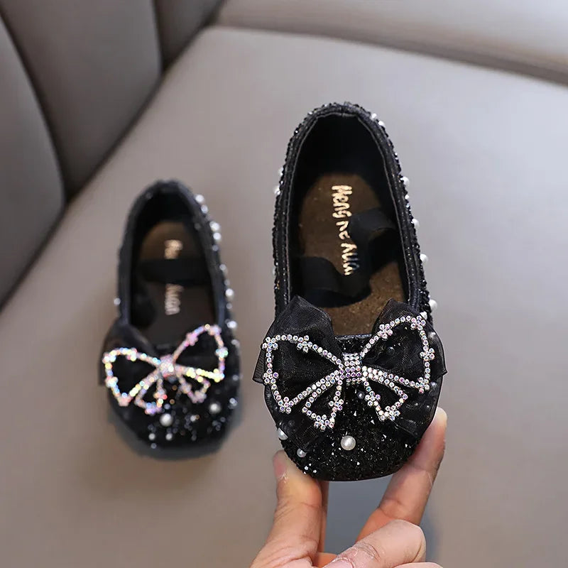 Spring Children's Lace Bow Princess Shoes Girls Bling Sequins Leather Shoes Anti-slippery New Kids Beaded Wedding Shoes G06142