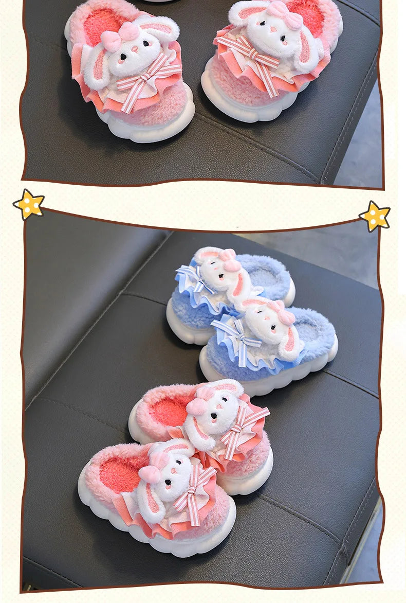 2024 New Winter Children's Cotton Slippers - Cute and Warm Fleece Rabbit Fur Baby's Home Cotton Slippers for Girls