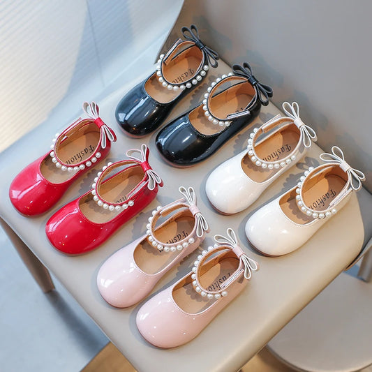 Spring Girl's Mary Janes Beading Ankle-strap New Children Princess Shoe Patent Leather Four Colors Round Toe Kids Flats 23-35