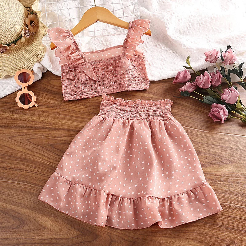 Girls' Clothing Set 5-12T Tri-Color Optional Flying Sleeve Square Collar Vest Top + Lace Skirts  Children Girls Baby Clothes Set