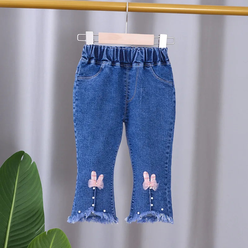 2024 New Spring and Autumn Children's Jeans Fashion Girls Korean Bow Horn Jeans Infant Stretch Pants 0-5 Years Old