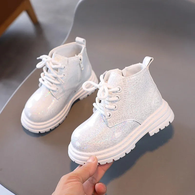 Girls' Boots Spring Autumn Versatile Children Causal Leather Boots Fashion Glossy PU Kids Princess Platform Ankle Boots Non-slip
