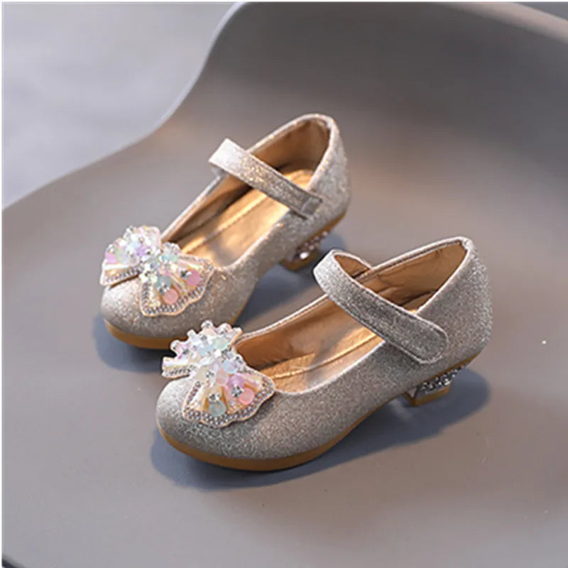 Children's Leather Shoes Spring Autumn Versatile Girls High Heels for Princess Party Fashion Sweet Bowtie Kid Causal Dress Shoes