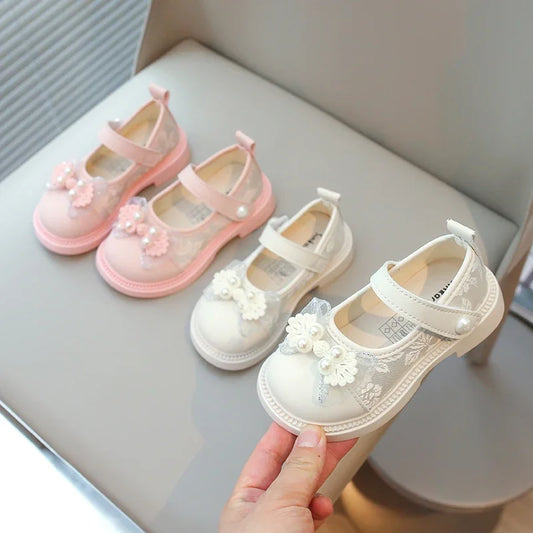 New Girls Leather Shoes for Traditional Holiday Ethnic Kids Casual Shoes with Embroidery Lace Bow-knot with Pearl Princess Sweet