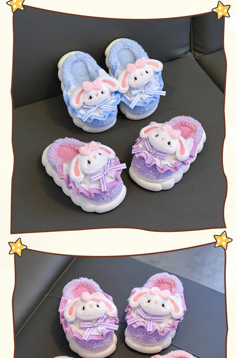 2024 New Winter Children's Cotton Slippers - Cute and Warm Fleece Rabbit Fur Baby's Home Cotton Slippers for Girls