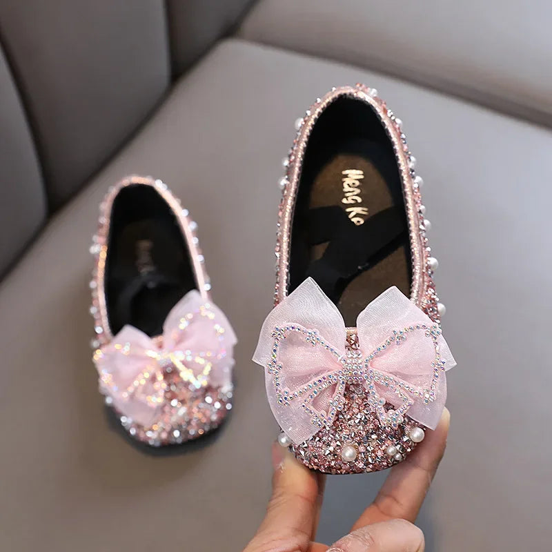 Spring Children's Lace Bow Princess Shoes Girls Bling Sequins Leather Shoes Anti-slippery New Kids Beaded Wedding Shoes G06142