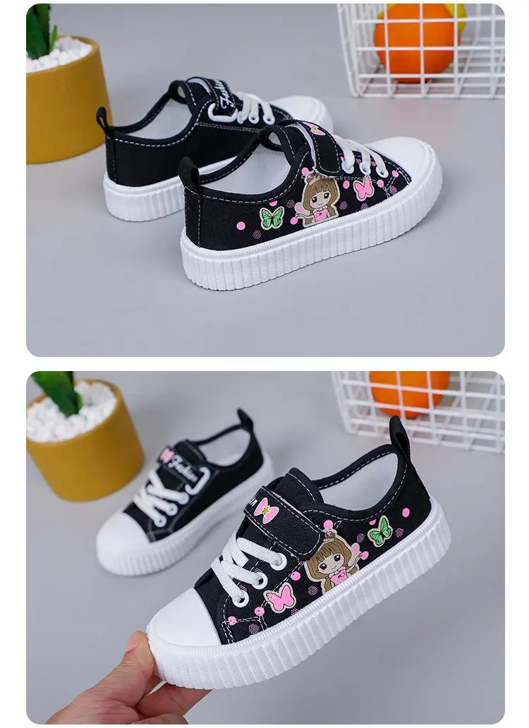 Children's Cute Cartoon Canvas Shoes Girls' Flat Bottomed Casual Sports Shoes Students Lightweight Running Board Shoes Sneakers