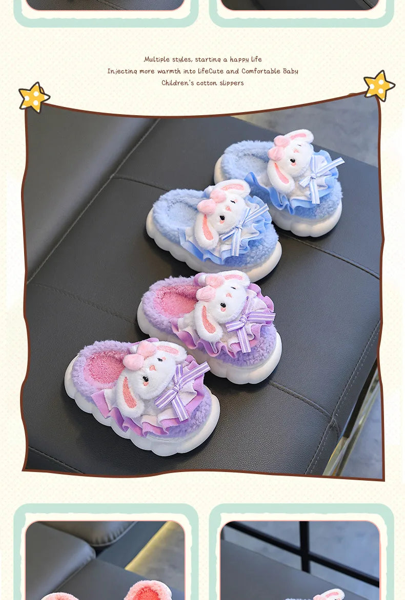 2024 New Winter Children's Cotton Slippers - Cute and Warm Fleece Rabbit Fur Baby's Home Cotton Slippers for Girls