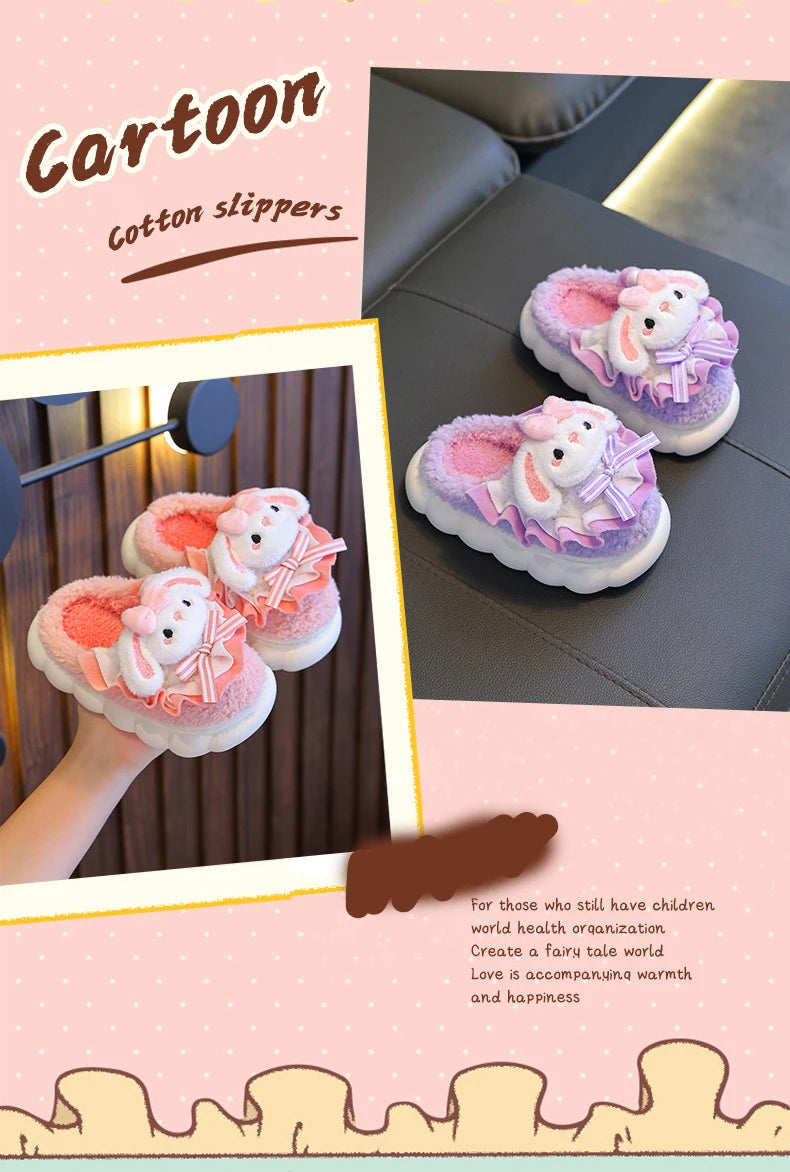 2024 New Winter Children's Cotton Slippers - Cute and Warm Fleece Rabbit Fur Baby's Home Cotton Slippers for Girls