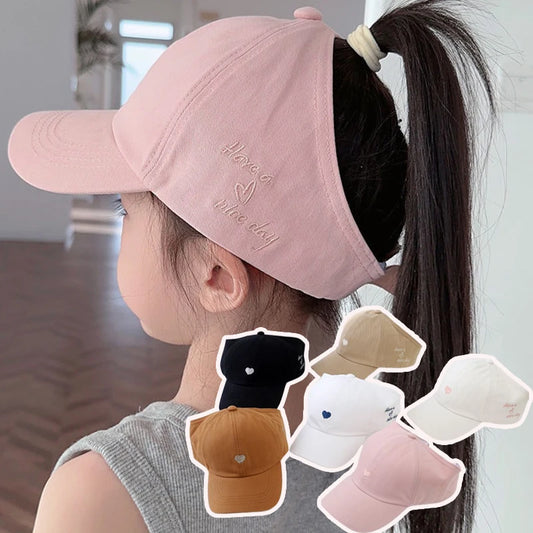 Embroidery Heart Kids Empty Top Hats Korean Girl Summer Sunshade Ponytail Baseball Caps Solid Color Outdoor Children Sun Hats