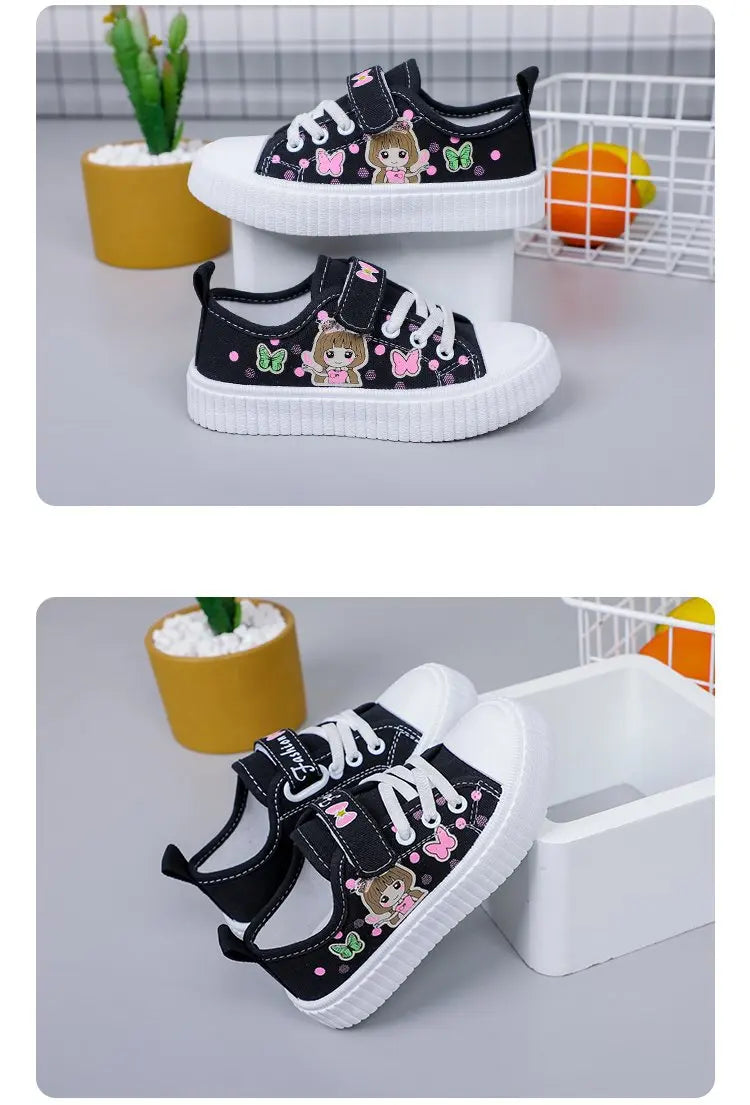 Children's Cute Cartoon Canvas Shoes Girls' Flat Bottomed Casual Sports Shoes Students Lightweight Running Board Shoes Sneakers