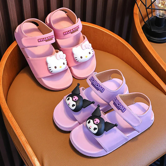 Sanrio KIds’ Sandals Lightweight Outdoor Anti-Slip Sandals For Boys Girls Beach Kuromi Wear-Resistant EVA Sole With Hook & Loop