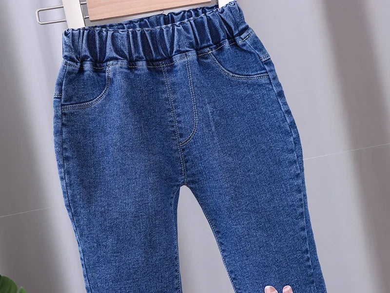 2024 New Spring and Autumn Children's Jeans Fashion Girls Korean Bow Horn Jeans Infant Stretch Pants 0-5 Years Old