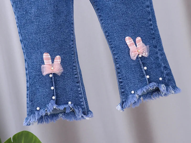2024 New Spring and Autumn Children's Jeans Fashion Girls Korean Bow Horn Jeans Infant Stretch Pants 0-5 Years Old