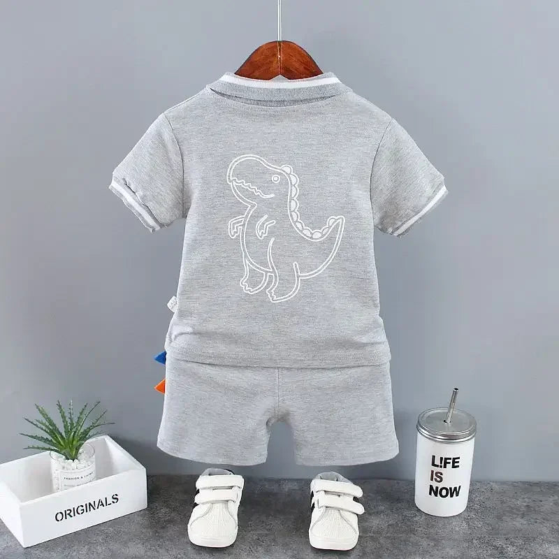 Summer Children Clothes Baby Boys Clothes Set Dinosaur Printed Turn-down Collar T-Shirts Tops+ Shorts 2PCS/Suit Infant Clothing